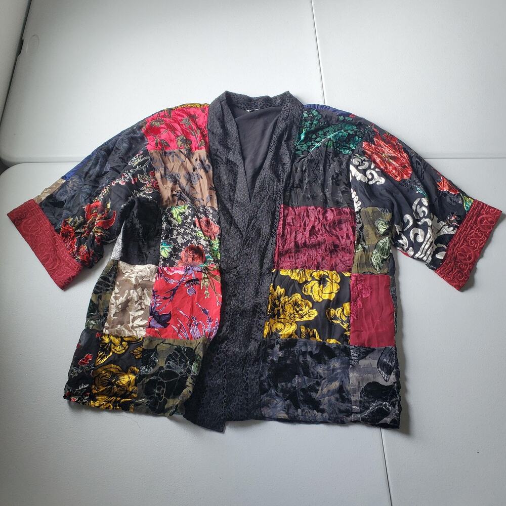 John Mark Kimono Jacket Womens Large Multicolor Velvet Patchwork Floral Boho